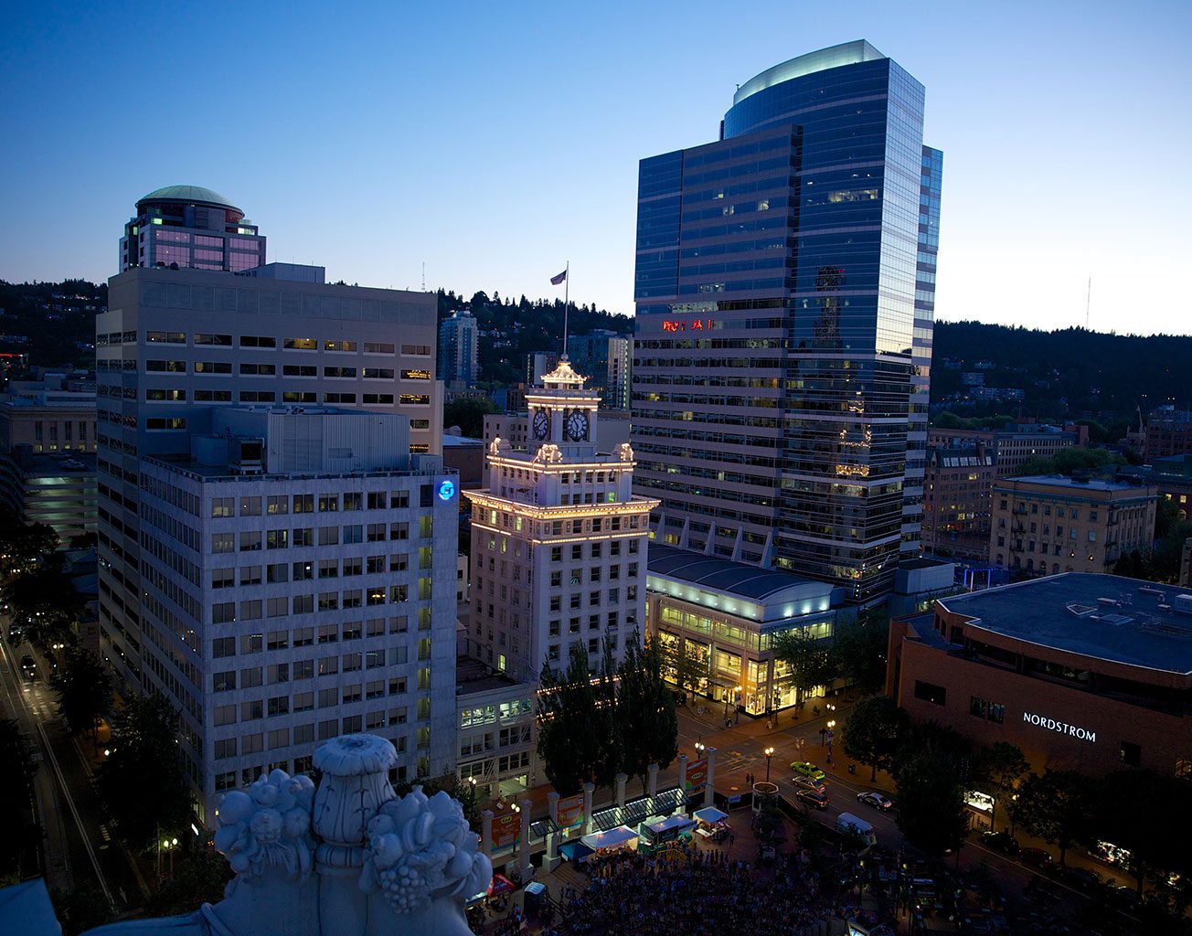 tall buildings at night in downtown Portland