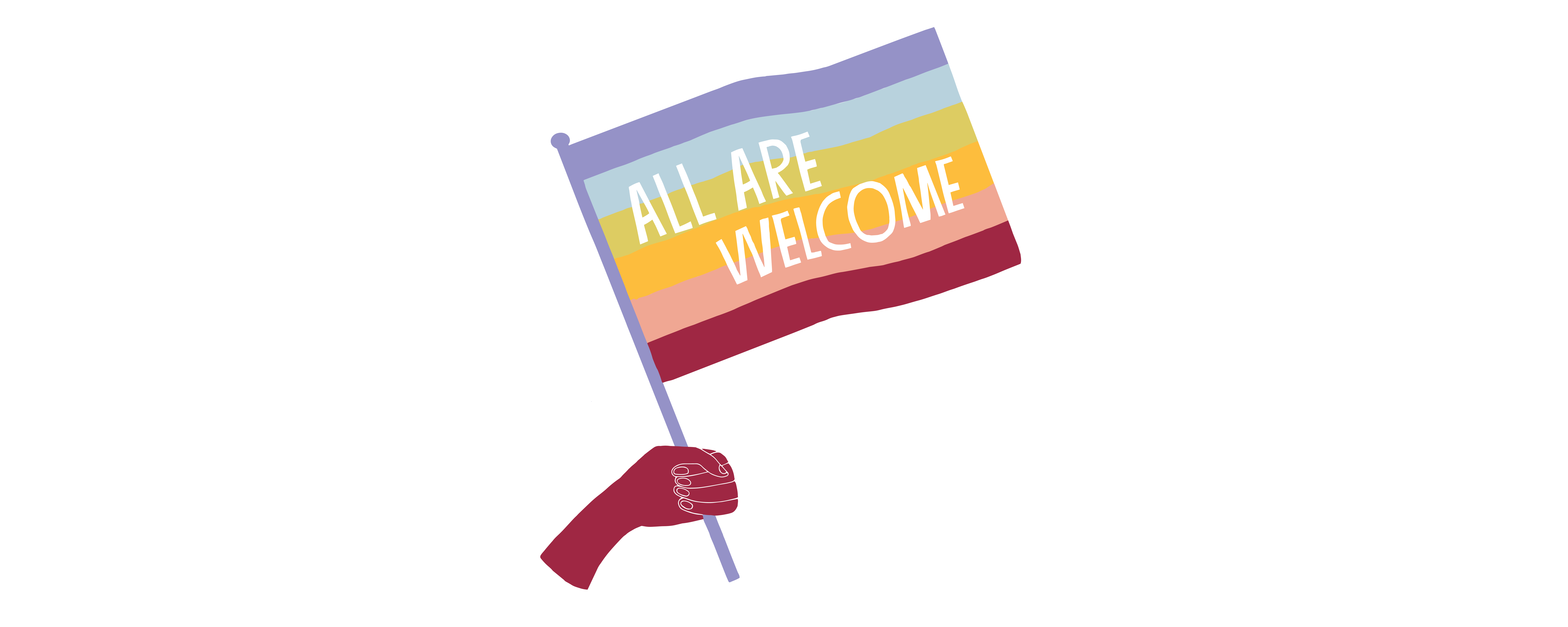 A striped flag with the slogan \"all are welcome\"