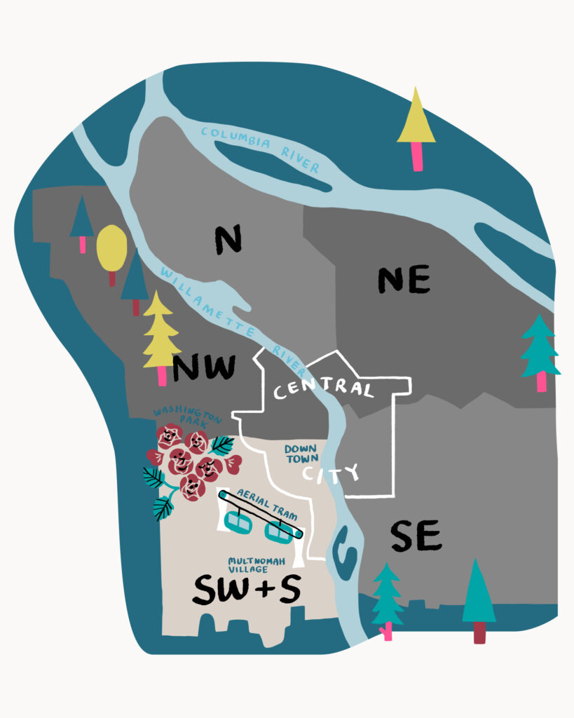 a map of Portland's quadrants highlighting Southwest Portland and South Portland