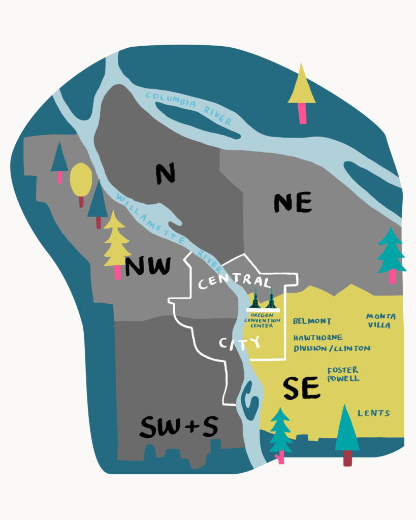 a map of Portland's quadrants highlighting Southeast Portland