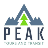 a tour agency logo featuring a mountainous landscape and the words “Peak Tours and Transit”
