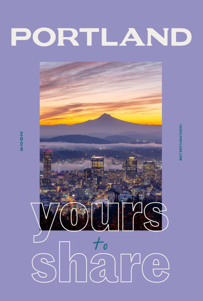 A rectangular magazine cover with a sunrise photo of the Portland skyline and Mount Hood on a light purple background and the words "Portland Yours to Share"