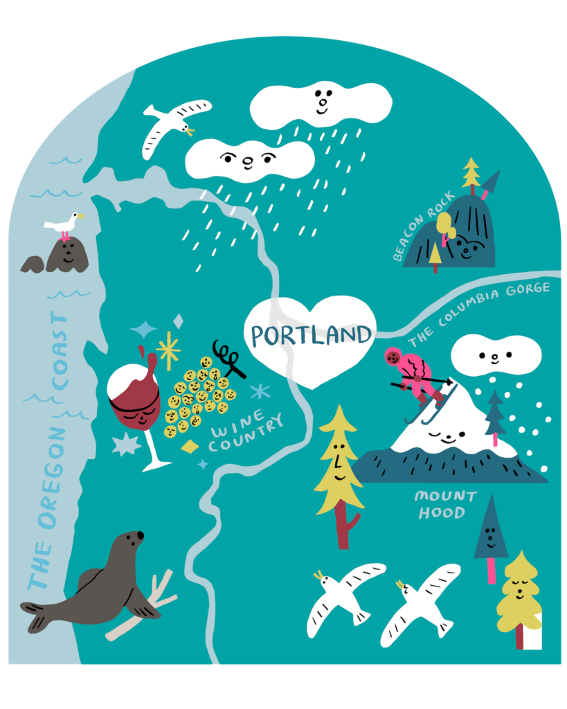 colorful illustrated map showing Portland in the center of a region that includes Mount Hood, the Oregon Coast, the Columbia River Gorge and Wine Country